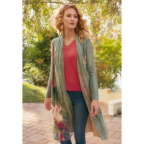 Soft Surroundings Green Floral Cardigan Faux Suede Expressionist Topper Chic - Picture 1 of 16
